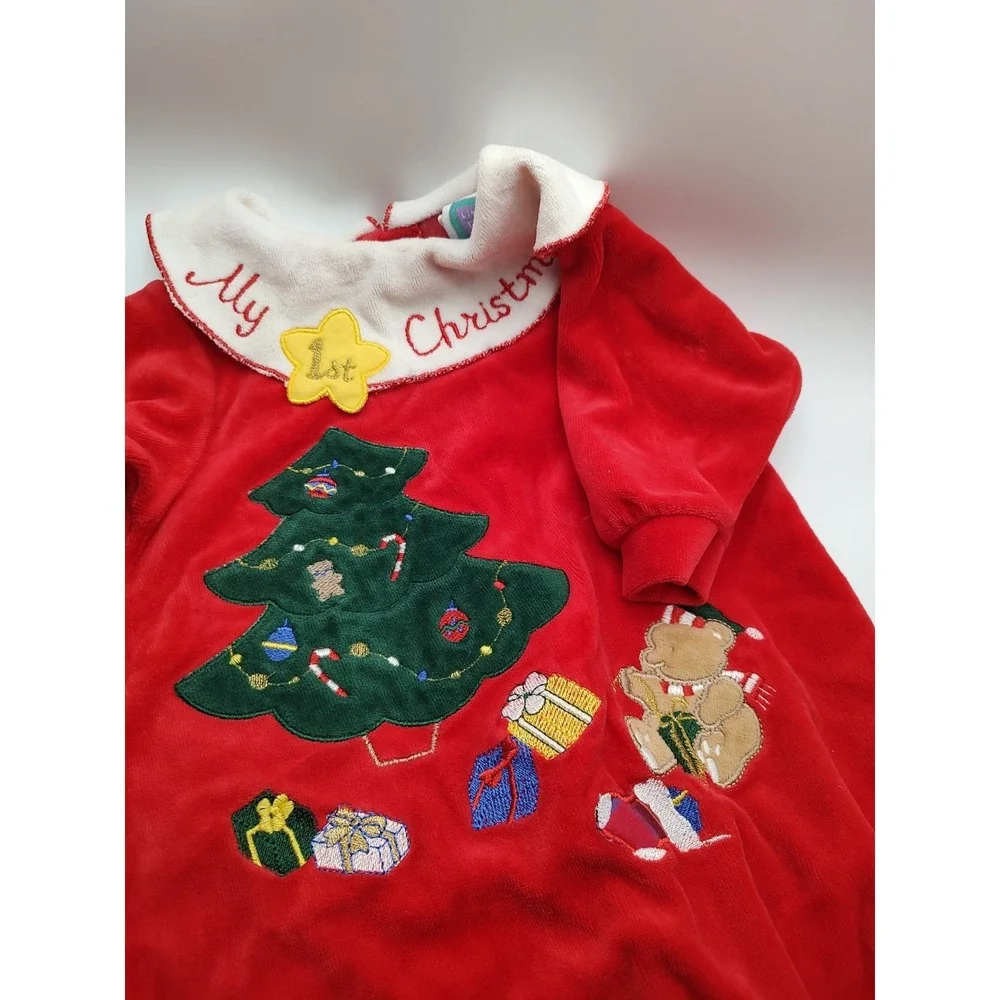 Vtg My First Christmas 9 Months Red Velour 1990s Baby Footie One Piece‎ Pajamas